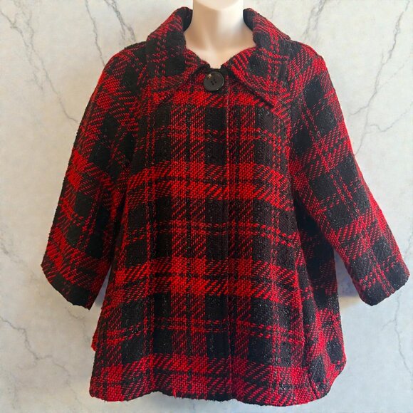 Vintage 80's Red & Black Plaid Metallic Textured Jacket | Size Small - Picture 3 of 10